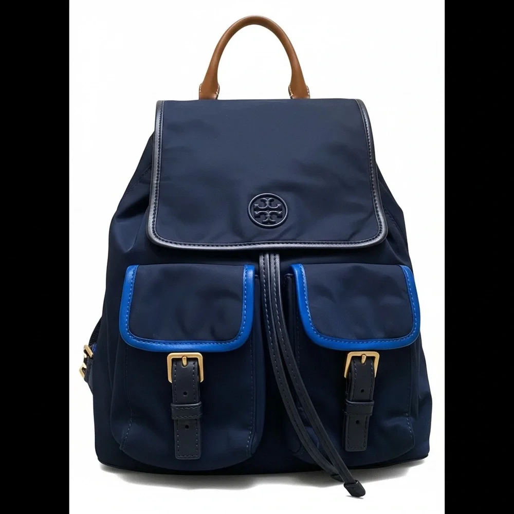 Tory Burch Navy Backpack with Tan Top Handle and Blue Trim